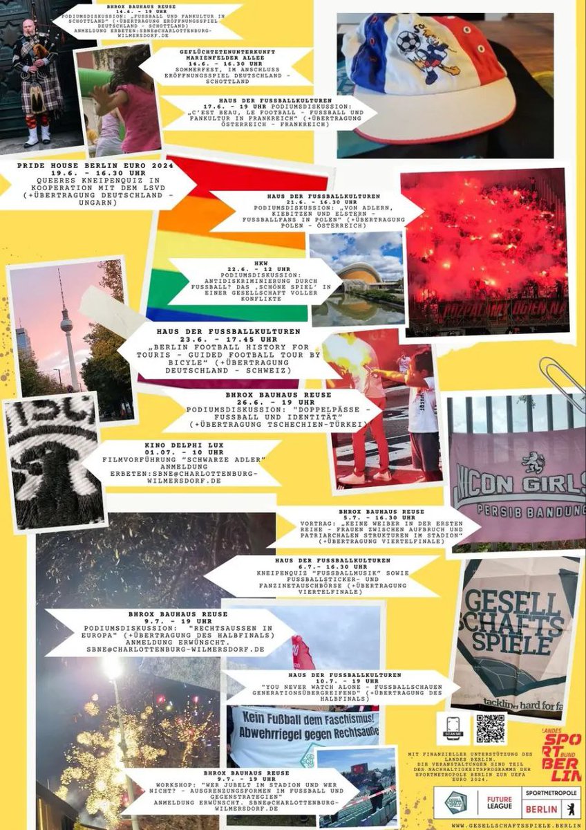 Gesellschaftsspiele (@gs_berlin_ev) on Twitter photo Unser EM-Fahrplan für die kommenden Wochen. 
Über ganz #Berlin sind wir mit Veranstaltungen. Einblicke in internationale Fanszenen, Umgang mit Rassismus oder einfach coole Quizformate....sucht euch was aus und besucht uns. 🥰 ⚽️ Unser EM-Fahrplan für die kommenden Wochen. 
Über ganz #Berlin sind wir mit Veranstaltungen. Einblicke in internationale Fanszenen, Umgang mit Rassismus oder einfach coole Quizformate....sucht euch was aus und besucht uns. 🥰 ⚽️