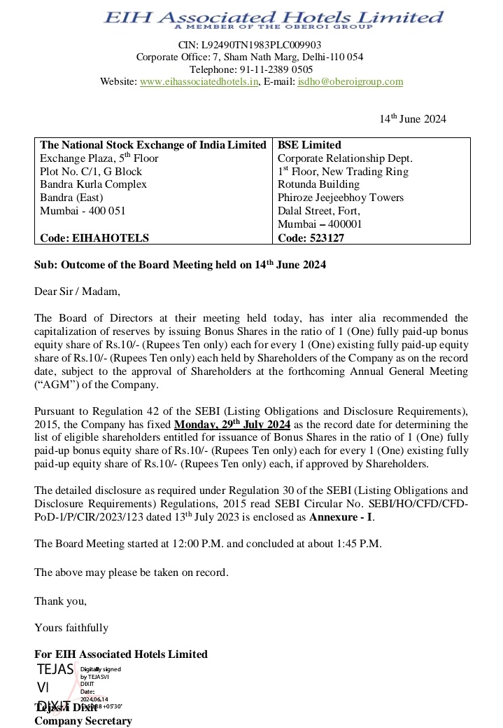 LaxmiInvests's tweet image. #EIH Associated Hotels Ltd Board of Directors  recommended the 
 issuing #BonusShares in the ratio of 1:1 
#Recorddate 29 July 2024