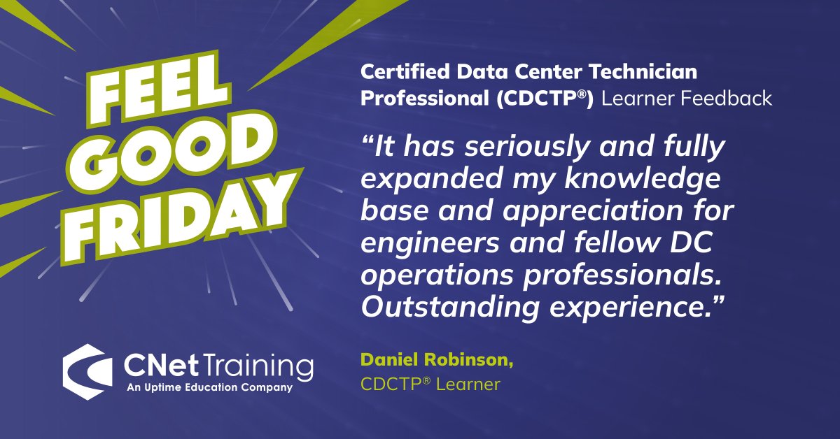 CNettraining's tweet image. 🙌 Another feel good Friday! 🙌

Daniel Robinson gained his Certified Data Center Technician Professional (CDCTP®) and sent us some fantastic feedback. Thank you, Daniel!

#cnettraining #globalleader #technicaleducation #appreciation #feelgoodfriday