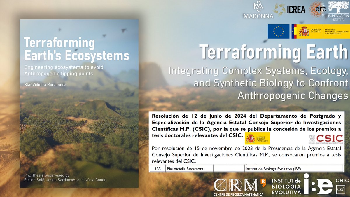 Blai Vidiella (@blaividiella) on Twitter photo I am really happy to receive the 'Outstanding Thesis' award by <a href="/CSIC/">CSIC</a>!
My time at the Complex Systems Lab <a href="/CSLab_UPF/">Complex Systems Lab</a> (at <a href="/IBE_Barcelona/">Institute of Evolutionary Biology (IBE)</a>) was truly amazing. Many thanks to my supervisors <a href="/ricard_sole/">Ricard Solé</a>, <a href="/JosepSardanyes/">JosepSardanyes</a>, & Nuria Condee-Pueyo!
Thesis: hdl.handle.net/10803/673774 I am really happy to receive the 'Outstanding Thesis' award by <a href="/CSIC/">CSIC</a>!
My time at the Complex Systems Lab <a href="/CSLab_UPF/">Complex Systems Lab</a> (at <a href="/IBE_Barcelona/">Institute of Evolutionary Biology (IBE)</a>) was truly amazing. Many thanks to my supervisors <a href="/ricard_sole/">Ricard Solé</a>, <a href="/JosepSardanyes/">JosepSardanyes</a>, & Nuria Condee-Pueyo!
Thesis: hdl.handle.net/10803/673774