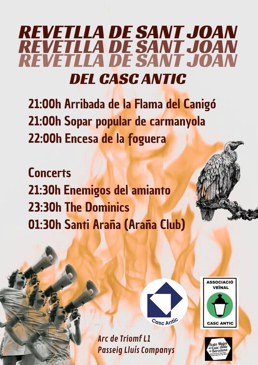 CascAntic_SHSC's tweet photo. 🧨🔥 REVETLLA DE SANT JOAN DEL CASC ANTIC 🔥🧨

Des del Sindicat junt a @sosicascantic i @FM_cascantic organitzem la millor festa de la nit de Sant Joan al passeig Lluís Companys.

💥 Hi haurà actuacions d'Enemigos del amianto, The Dominics i punxada del @SantiAranya 💥 https://t.co/Sty2cpvlrW