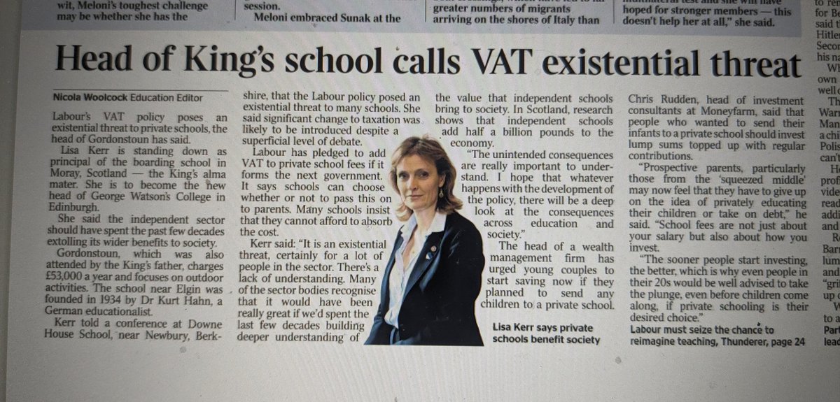 Nicola Woolcock (@nicolawoolcock) on Twitter photo Head of Gordonstoun, Lisa Kerr, says Labour's VAT policy is an existential threat to the private sector, at Downe House education conference <a href="/DowneHouse/">Downe House School</a> Head of Gordonstoun, Lisa Kerr, says Labour's VAT policy is an existential threat to the private sector, at Downe House education conference <a href="/DowneHouse/">Downe House School</a>