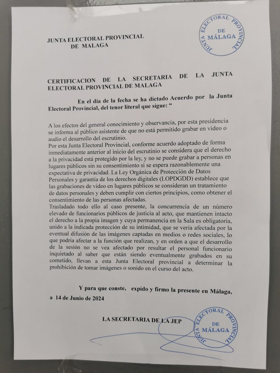 Prohíben el uso de cámaras en el escrutinio con el cuento de la protección de datos para que no se difunda el fraude electoral que han perpetrado #pucherazo