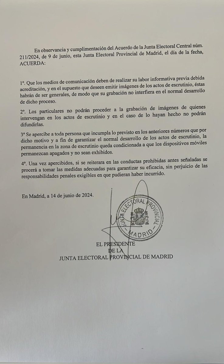 #ESCRUTINIO GENERAL (3). 
ACUERDO NULO DE PLENO DERECHO DE LA JUNTA PROVINCIAL DE MADRID.

🛑OBLIGAN A APAGAR LOS TELEFONOS a nuestros representantes.  

#PUCHERAZO con SILENCIO.