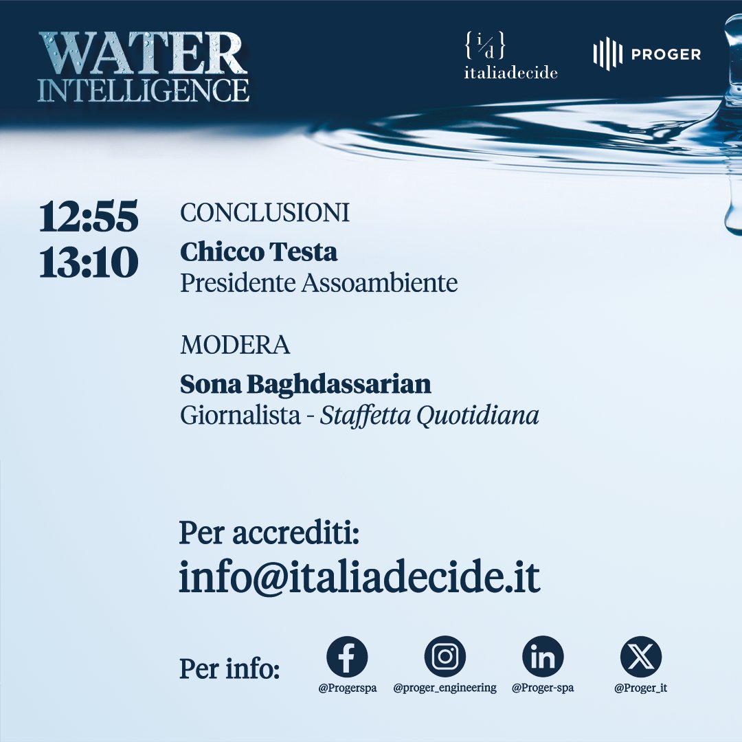 Proger_it's tweet photo. Giovedì 20 giugno Proger e #italiadecide presentano #WaterIntelligence, il primo rapporto dedicato all’evoluzione delle tecnologie per la gestione delle risorse idriche, dai digital twin all’#intelligenzaartificiale. ➡ https://t.co/EHa3TaOTEe
Leggi il programma 👇 https://t.co/XSWfKbw9l2