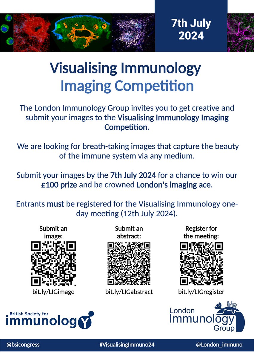 📢 There's still time left to enter our imaging competition to showcase some of your prettiest pictures of the #immune system at our annual meeting #VisualisingImmuno24 📸🖼

Follow the links below to register &amp; submit 👇