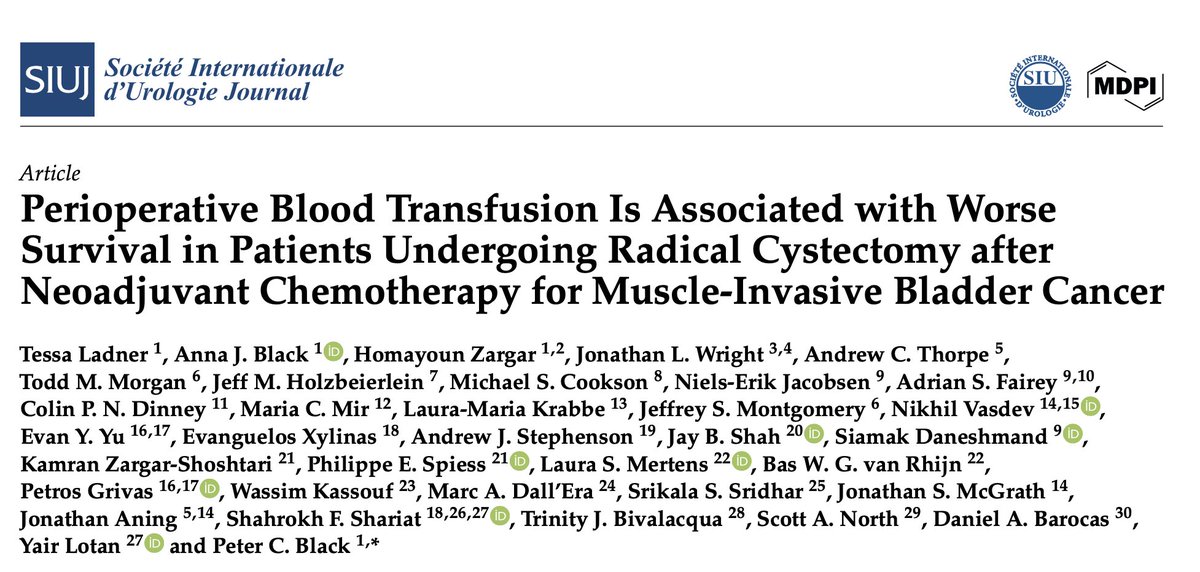 Prof Nikhil Vasdev (@nikhilvasdevuro) on Twitter photo Perioperative Blood Transfusion Is Associated with Worse Survival in Patients Undergoing Radical Cystectomy after Neoadjuvant Chemotherapy for Muscle-Invasive Bladder Cancer - mdpi.com/2563-6499/5/3/…
<a href="/pcvblack/">Peter Black</a> <a href="/SIU_urology/">SIU-Urology</a> Perioperative Blood Transfusion Is Associated with Worse Survival in Patients Undergoing Radical Cystectomy after Neoadjuvant Chemotherapy for Muscle-Invasive Bladder Cancer - mdpi.com/2563-6499/5/3/…
<a href="/pcvblack/">Peter Black</a> <a href="/SIU_urology/">SIU-Urology</a>