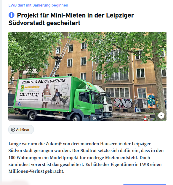 Die LVZ ließ kürzlich verlautbaren, daß die soziale &amp; ökologische Sanierung von LWB-Häusern in der #Südvorstadt nicht kommt. Das hatte der #srle beschlossen, 3500 Menschen unterstützen das Anliegen. Wir kämpfen weiter (Antrag r2g im Stadtrat nexte Woche)
ratsinformation.leipzig.de/allris_leipzig…