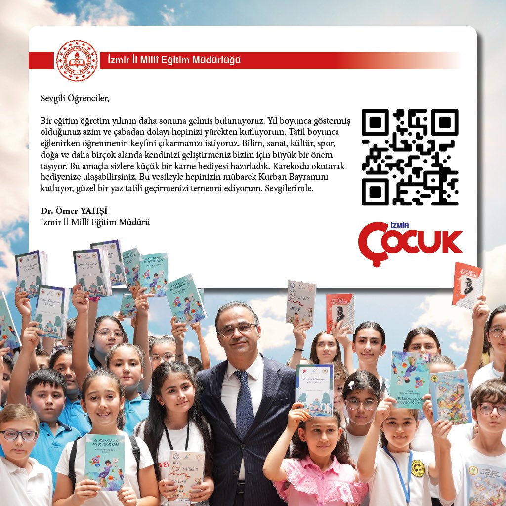 ✨İzmir Çocuk Yayında

İl Milli Eğitim Müdürlüğümüzün  çocuklara tatil hediyesi olan renkli içerikler ve eğlenceli aktivitelerle dolu "İzmir Çocuk" dergisinin 4. sayısı çıktı!

Link İçin⬇️⬇️
meb.ai/ykENsK

<a href="/tcmeb/">Millî Eğitim Bakanlığı</a> 
<a href="/Yusuf__Tekin/">Yusuf Tekin</a> 
<a href="/drsuleymanelban/">Dr. Süleyman Elban</a> 
<a href="/yahsiomer/">Dr. Ömer YAHŞİ</a>