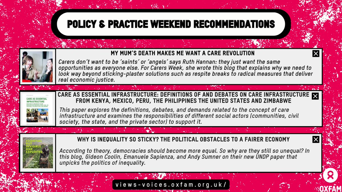 oxfamgbpolicy's tweet image. We are ending #CarersWeek with a bang! Check out these must-reads on supporting carers, #Care infrastructure, and why inequality is so sticky:
🟢CARE REVOLUTION views-voices.oxfam.org.uk/2024/06/my-mum…
🟢Care infrastructure - policy-practice.oxfam.org/resources/care…
🟢Sticky inequality - views-voices.oxfam.org.uk/2024/06/why-is…