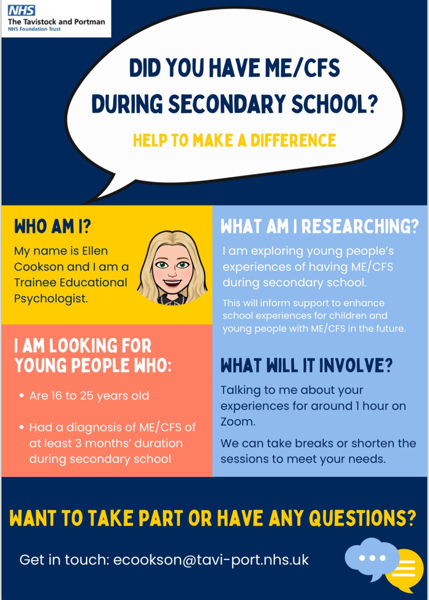 Can you help with my research? I am exploring experiences of support in secondary school whilst living with Myalgic Encephalomyelitis or Chronic Fatigue Syndrome (ME/CFS).

Please share to anyone who may be eligible.

#pwme #MECFS <a href="/tymestrust/">Tymes Trust</a> <a href="/MEAssociation/">ME Association</a> <a href="/actionforme/">Action for ME</a>
