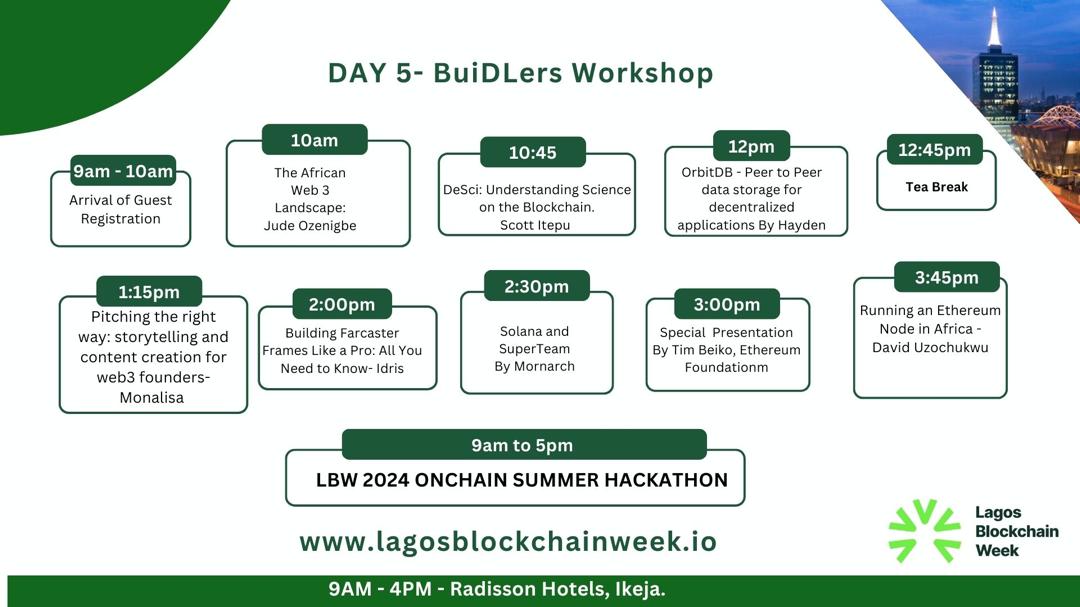 LagosBlockWeek's tweet image. 🚀📷The Lagos Blockchain Week 2024 !!! 
📷📷Day 5: BuiDLers Workshop.
Join us at The Radisson Hotel, Ikeja   #LagosBlockchainWeek #Blockchain