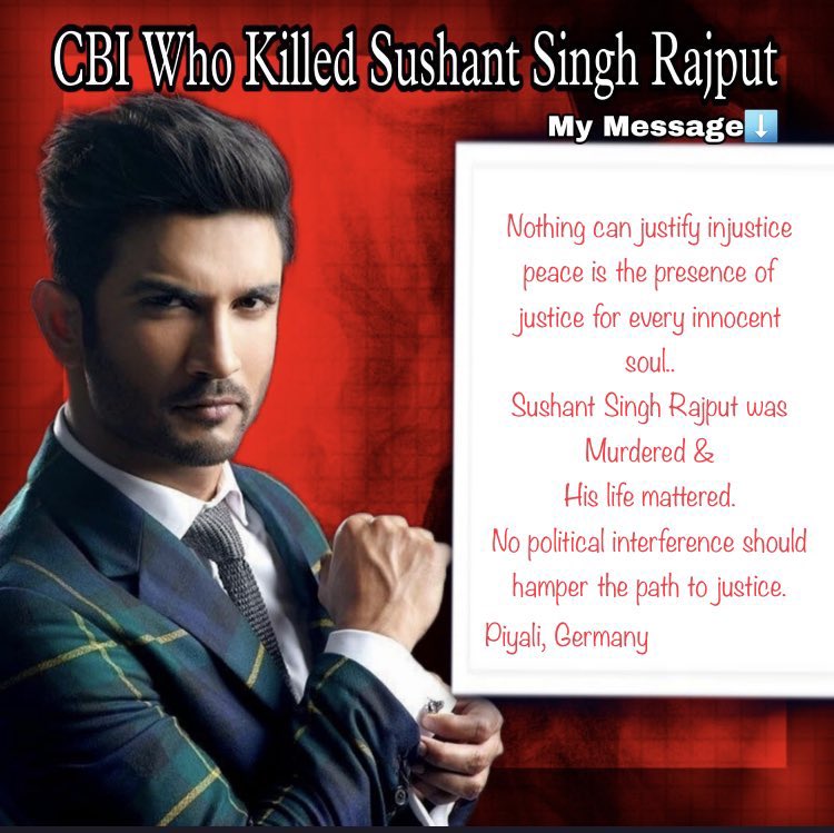 PIYALIBH's tweet photo. 4years Of Injustice To Sushant 💔 

My Message to the authorities 

“Nothing can justify injustice
peace is the presence of justice for every innocent soul..
Sushant Singh Rajput was Murdered &
His life mattered.

No political interference should hamper the path to his justice…”

Shame on our corrupt judiciary system who are still letting the criminals scot free. 

Shame on our politicians who have used an innocent’s murder for their political agendas..

Shame on  agencies who have proved themselves nothing but political püppets..

Shame on all the media houses who don’t stand for the truth..

Shame on filthy bollywood who didn’t stand for #SushantSinghRajput’s justice rather leaving no stone unturned to defame his pure soul…

@PMOIndia @HMOIndia 
 @rashtrapatibhvn  @VPIndia 
@PMOIndia @HMOIndia 
 @rashtrapatibhvn  @VPIndia 
@DoPTGoI @MLJ_GoI 
@IPS_Association @arjunrammeghwal 
@CVCIndia @CBIHeadquarters 
@Copsview
@BJP4India

#JusticeForSushantSinghRajput