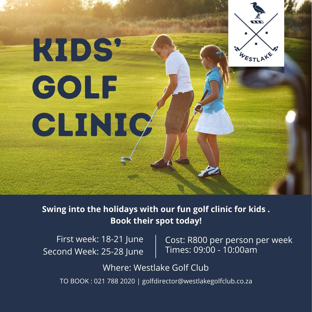 Attention Moms and Dads! 

We are hosting 2 Kids’ Golf Clinics during the school holidays. Nic, our Golf Pro, and his team will teach beginners the basics and it is an ideal way to introduce youngsters to the game. 

All the details are on the poster below.
