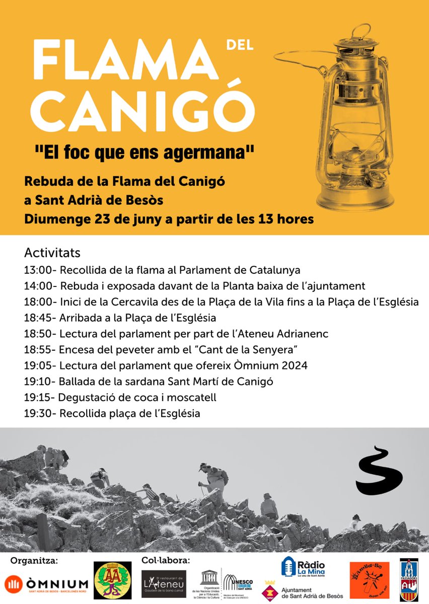🚨🚨 Proper diumenge, 23 de juny, la flama del Canigó arriba a Sant Adrià.