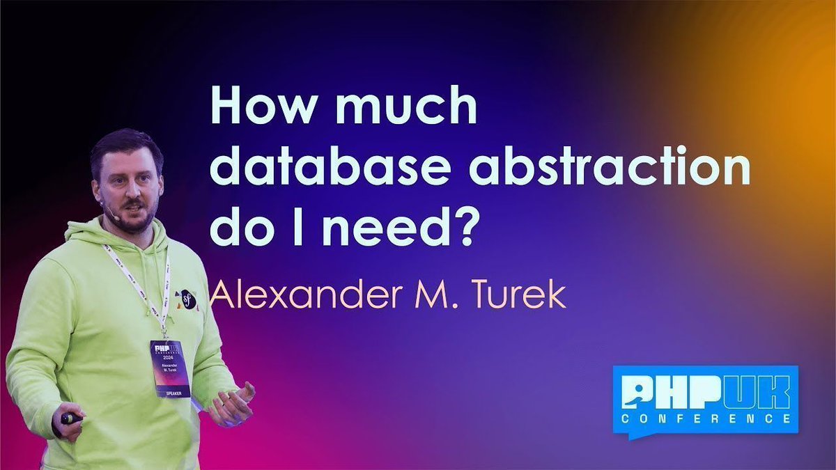 PHPUKConference's tweet image. Explore SQL databases with Alexander M. Turek! 

Compare hand-crafted SQL vs. ORM, gain insights from Doctrine ORM &amp;amp; DBAL, native PHP extensions, and real-world use cases. Catch up on this illuminating #phpuk24 talk.

Watch it here: buff.ly/4b4oPDb 
#php #phpc #SQL