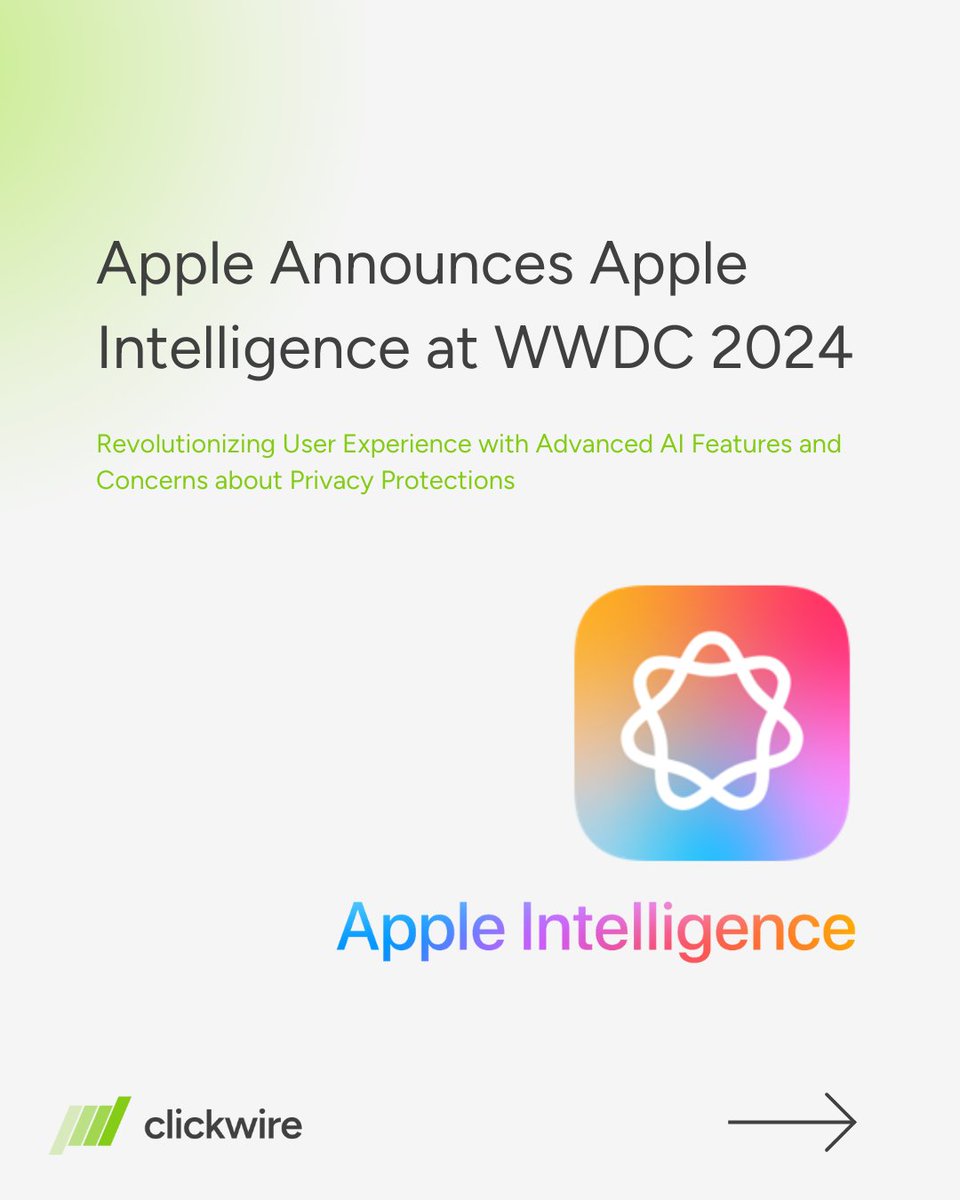 Clickwire_io's tweet photo. Apple announced Apple Intelligence at its annual developers conference. 

👉 https://t.co/MDuwSmhadx

#clickwire #apple #privacyconcerns #innovation #AppleIntelligence #AppleEvent #AIRevolution #WWDC24 https://t.co/9trILNNacx