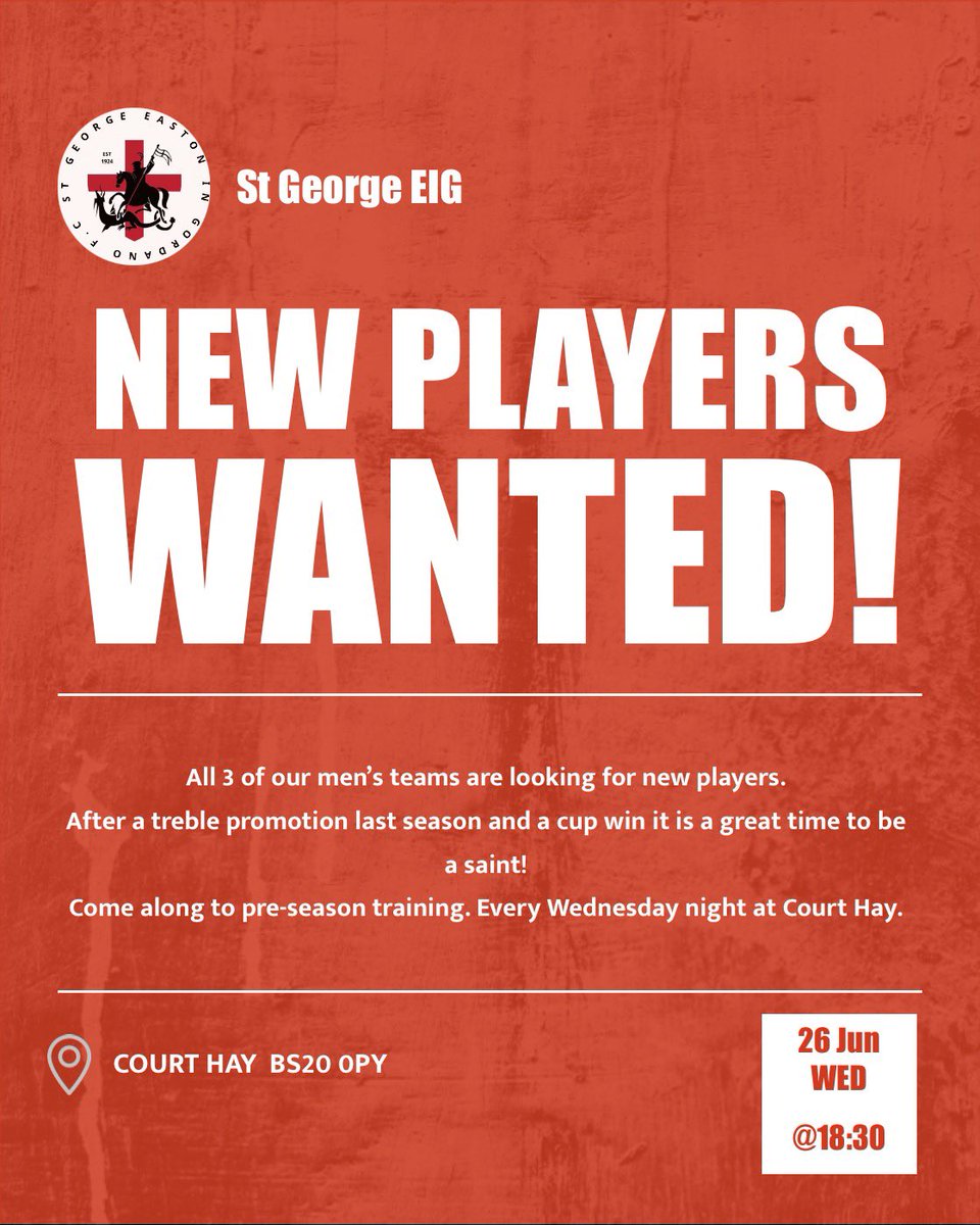 EIGFC's tweet photo. We are looking for new players! Come along to training, every Wednesday, starting 26th June at Court Hay from 6.30pm! 

It’s a great time to be involved with the club. First team are now in County Division 2 with the Reserves and Thirds in WSM division 1 and 2 respectively. 

UTS https://t.co/UQtY3LhUWq