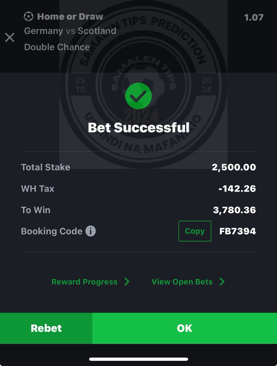 Samalentips's tweet image. Safari hii inaanza leo 
ROLLOVER DAY 1 
CODE: FB7394
Odds : 1.57
Kampuni: Sportybet
Weka kuanzia 2500 au Zaidi 
Repost na mwenzako apate 
Follow @Samalentips 
Backup @SamalenTv