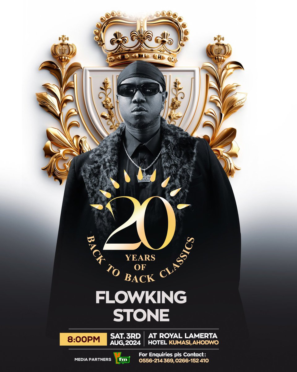 KwadwoBonnah1's tweet image. Mark your calendars! @Flowkingstone_ 20th anniversary concert is coming up and it's going to be legendary. 
From ‘One Gallon’ to ‘Simple’ to ‘Machine Gun’ and ‘Go Low’, come celebrate the hits that have defined our playlists! 

#FLOWKING #Flowat20