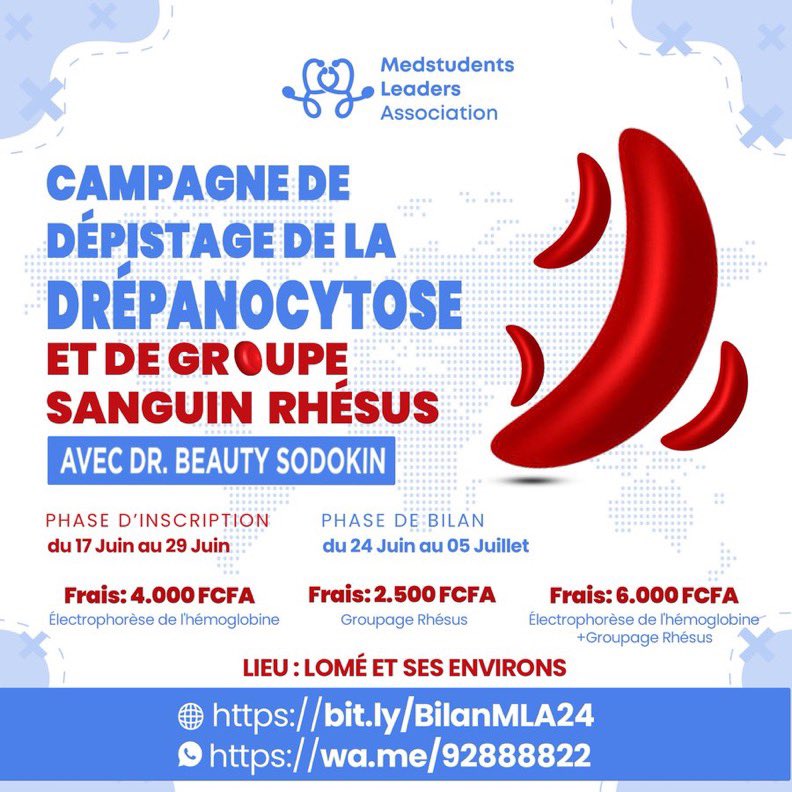 sandra130501's tweet photo. Protégez-vous contre la drépanocytose en connaissant votre statut et groupe sanguin Rhésus.

Profitez d'une opportunité unique avec l'association MLA pour un bilan à prix réduit.

Inscrivez-vous maintenant : https://t.co/CgFWBDw981 || https://t.co/apmwG42akL

#Drépanocytose #MLA https://t.co/exo4ffZylw