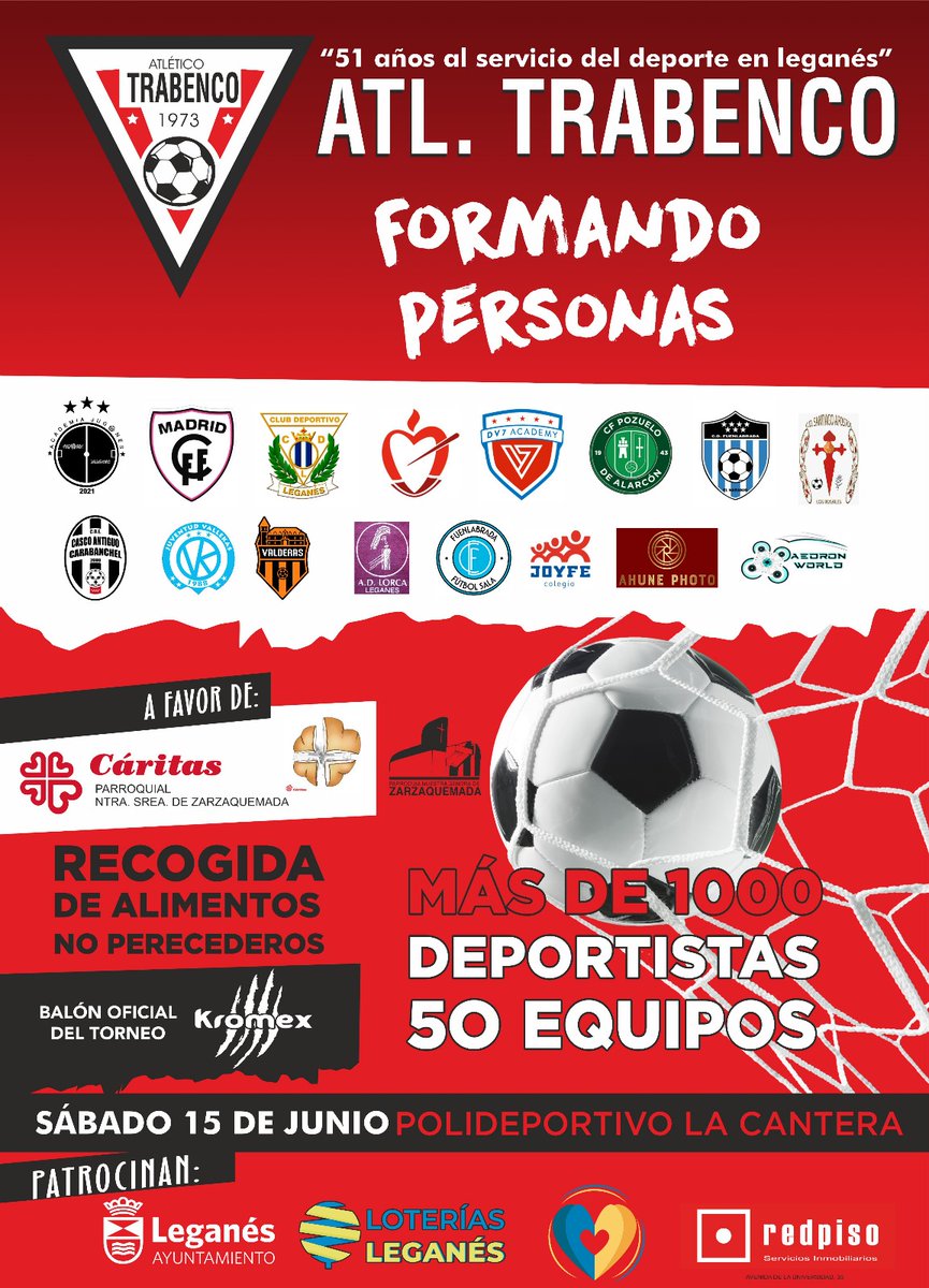 🏆 ¡YA ESTÁ AQUÍ!

♥️ El trofeo benéfico 𝐌𝐞𝐦𝐨𝐫𝐢𝐚𝐥 ❞𝐅𝐜𝐨. 𝐉𝐚𝐯𝐢𝐞𝐫 𝐑𝐨𝐧𝐜𝐞𝐫𝐨 ❞𝐊𝐢𝐤𝐨❞

😃 El torneo más rechulón de Madrid, ¡el del Trabenco en #Leganés!

⚽ Más de 1.000 deportistas y 50 equipos inscritos

📅 Sábado, 15 de julio
📌 Pol. La Cantera

¡Vente!