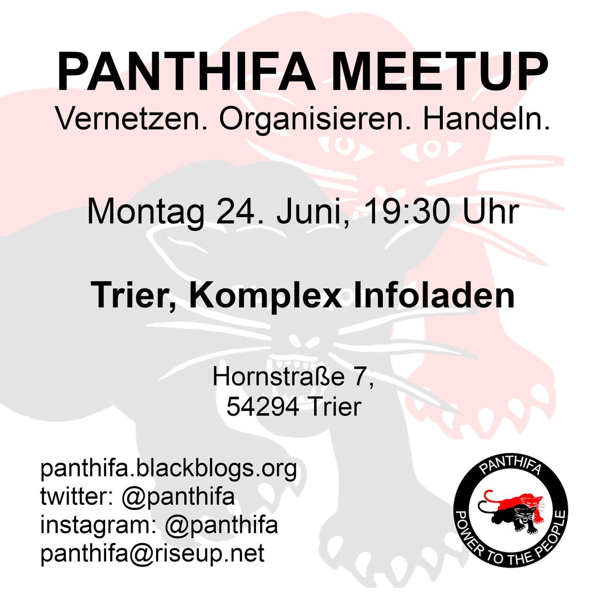Am Montag den 24. Juni treffen wir uns wieder im Infoladen und schauen wie wir unsere politische Arbeit in Trier gestalten können. Ob du noch nie da warst oder nur einmalig vorbeischauen willst, das Panthifa Meetup ist offen für alle Schwarzen und afrodiasporischen Geschwister!
