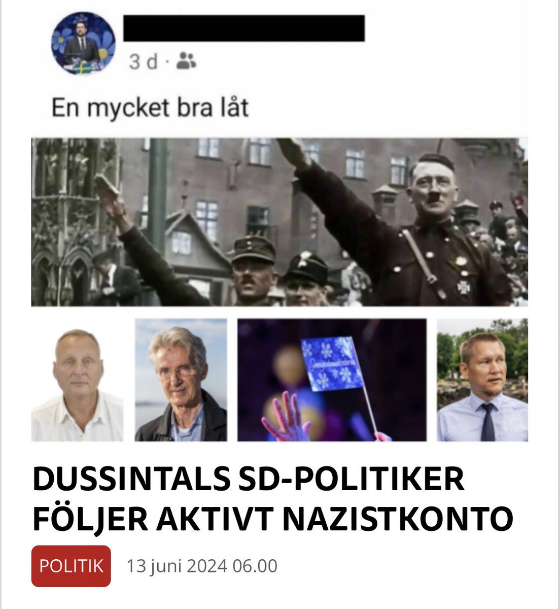 olaspannar's tweet image. 25 ledande SD-politiker följer ett Adolf Hitler-hyllande nazistkonto på Facebook. Fyra riksdagsledamöter, en av dem Lars Wistedt, vice ordförande i försvarsutskottet. Två medlemmar i partistyrelsen. Mängder av gruppledare och ordförande i lokalföreningar

m.dagensvimmerby.se/nyheter/politi…