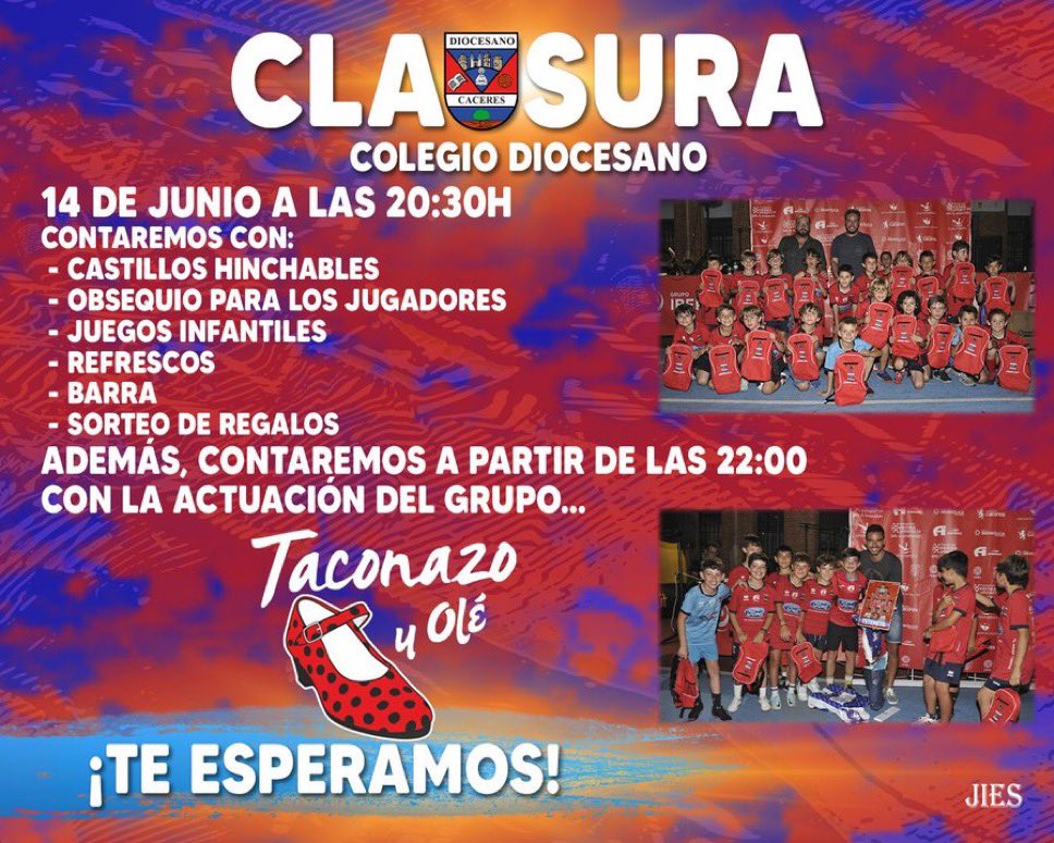 cddiocesano's tweet photo. 📅Esta tarde celebramos la fiesta de clausura de la temporada 23/24, comenzaremos a partir de las 20:30h. 

Además de contar con la actuación de Taconazo y Olé, tendremos animación con música, castillos hinchables… y muchas sorpresas!!

🔴¡¡Te esperamos!!🔵

@cddiocesanofb https://t.co/MawgjBGI77