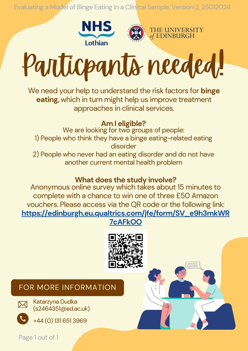 Still looking for participants for my research study on risk factors for binge eating!🧠

If you are 18+ and live in the UK, I would love to hear about your experiences in my anonymous survey: edinburgh.eu.qualtrics.com/jfe/form/SV_e9…. Thank you so much for taking part and/or sharing this post!😊