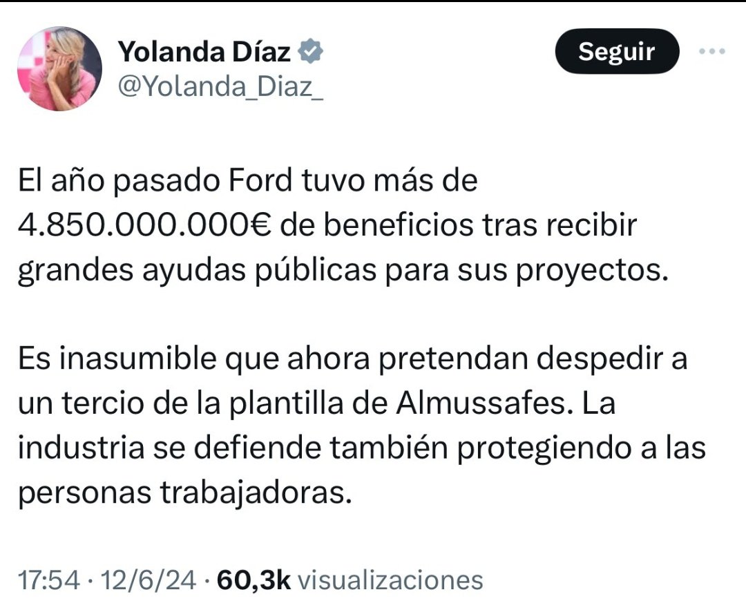 Ford ha ganado 4.850.000.000€ en todo el mundo, pero ha perdido 34.000.000€ en España. Yolanda Díaz lo sabe, pero confundir y manipular para seguir en el poder es su modus operandi...