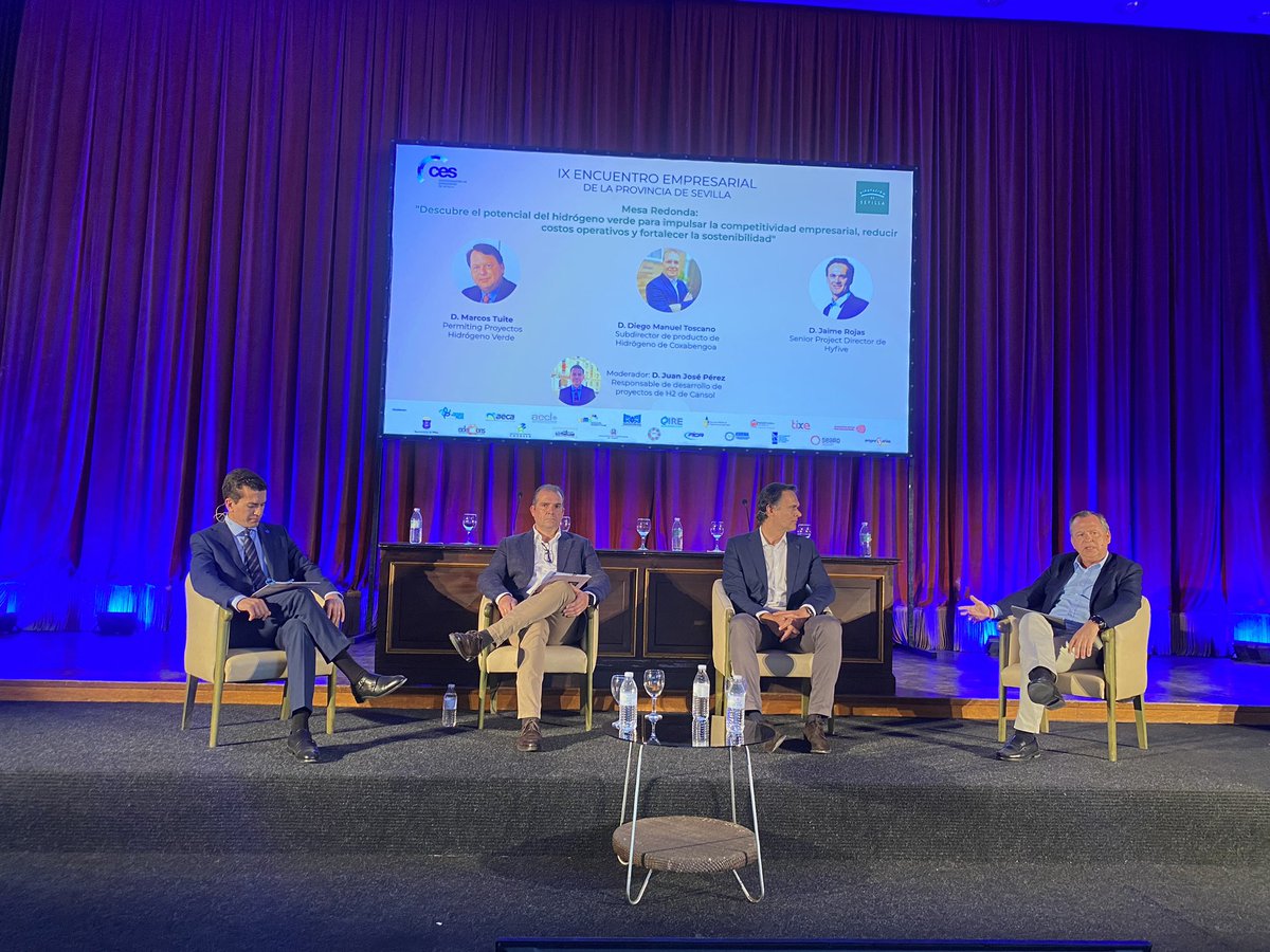 CES_Sevilla's tweet photo. 🔋 Hablamos en el IX Encuentro Empresarial de la Provincia sobre el potencial del hidrógeno verde para impulsar la #competitividad empresarial, reducir costos operativos y fortalecer la #sostenibilidad con @coxabengoa #MarcosTuite #Hyfive #Cansol https://t.co/ASYcS5XwIa