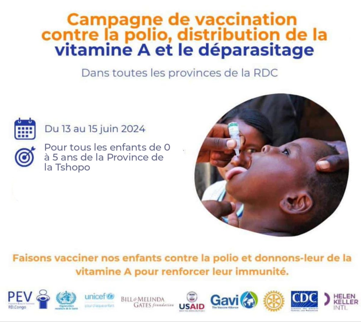 Vaccination 

Chers Parents, le gouvernement Congo et ses partenaires vous invitent à faire vacciner vos enfants, âgés de 0 à 5 ans, du 13 au 15 juin. 

Vaut mieux prévenir que guérir, dit-on. 
#vaccination #veilleursduweb #Polio