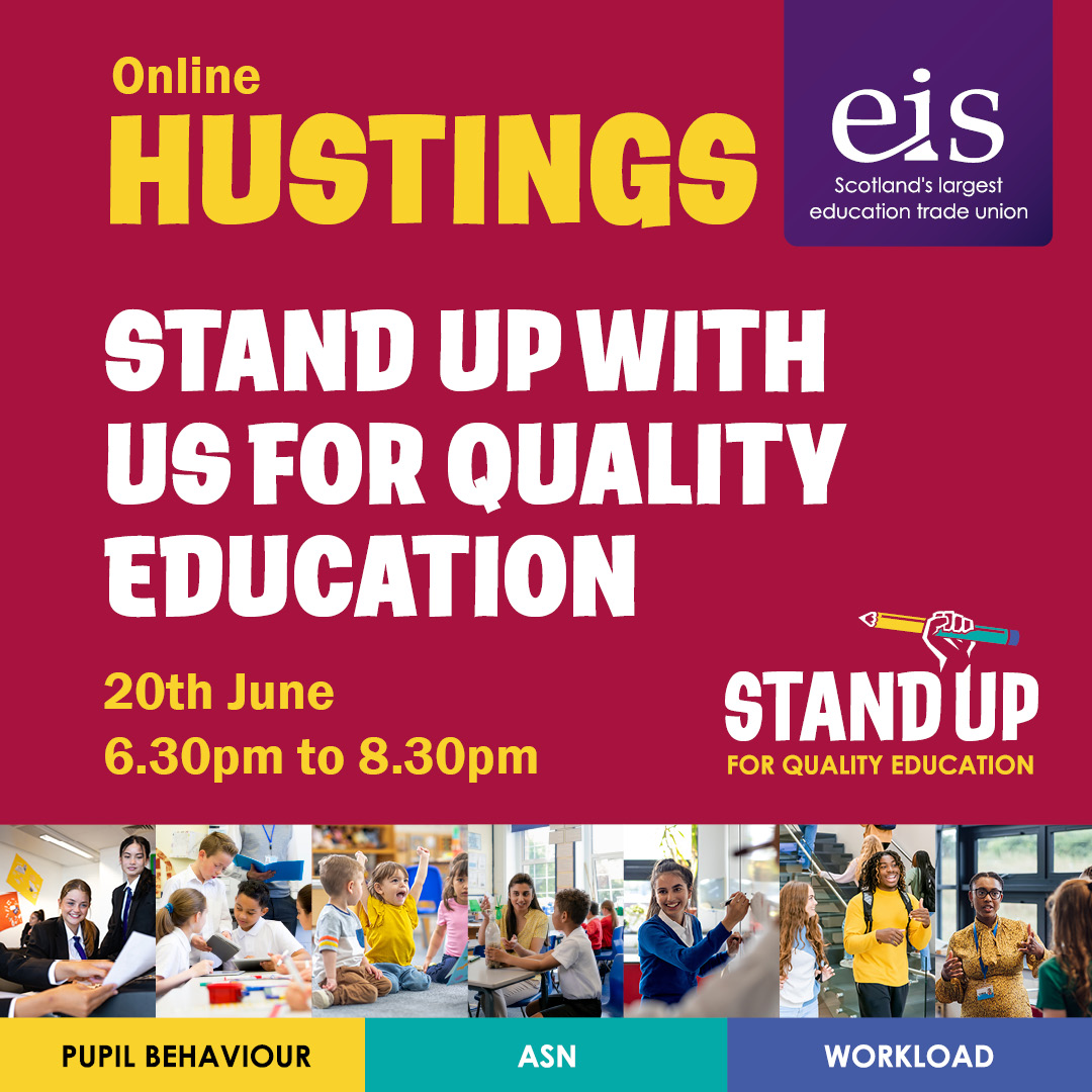 EISUnion's tweet photo. In the run up to the forthcoming General Election the EIS is hosting a hustings event for all members on the 20th June. This will take place online between 6.30pm and 8.30pm on Zoom. Find out more and register: https://t.co/lmuLAbDqk8 https://t.co/bvpG8w4pMG