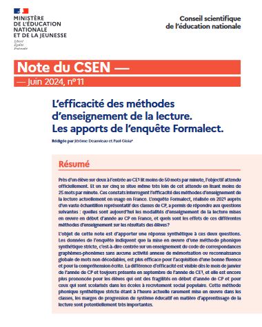 Parution de la note n°11 du CSEN

Quelles sont les méthodes d’enseignement de la #lecture mises en œuvre aujourd’hui en #France et quels sont leurs effets sur les résultats des #élèves ? 

reseau-canope.fr/fileadmin/user…

<a href="/StanDehaene/">Stanislas Dehaene @standehaene.bsky.social</a> 
<a href="/eduscol_prim/">éduscol Primàbord</a>
<a href="/eduscol_lettres/">éduscol Lettres</a> 
<a href="/education_gouv/">Ministère Éducation nationale</a>