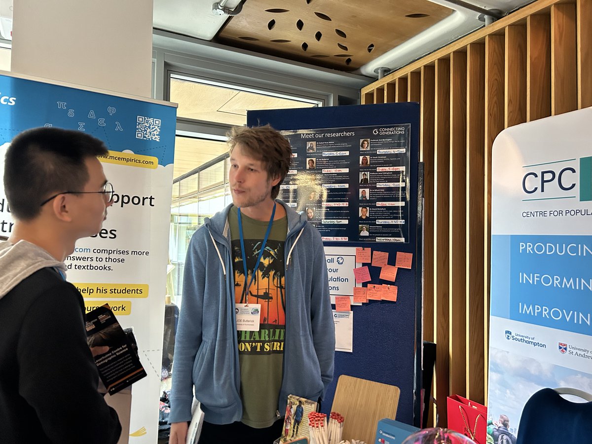 🤝Our first researcher on the stand today at #EPC2024 is @ButterickJoe. 

Joe presented yesterday on ‘Counting #kin in an age times stage-structured network’ &amp; his interests include kinship matrix models &amp; stochastic demographic projections

Find out more: cpc.ac.uk/about_us/the_t…