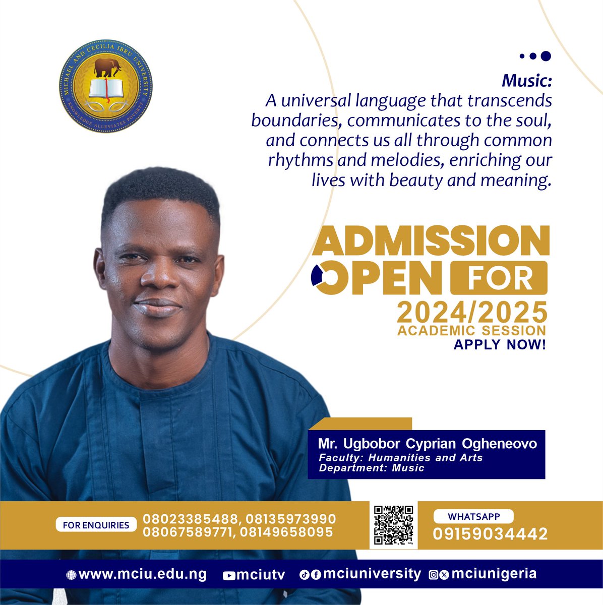 mciunigeria's tweet photo. Meet our faculty spotlight: Mr. Ugbobor Cyprian Ogheneovo, Faculty of Humanities and Arts, Music Department. Learn from experts and excel.

#mciu #universities #chemistry #FacultySpotlight #ExpertFaculty #Admissions2024 https://t.co/zjf4I2W3jQ