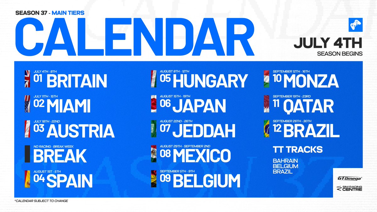 PremierSimGL's tweet image. Here&apos;s the calendar for the main tiers ⬇️

First races start on the 4th of July 🇬🇧

Sign ups information later today 👀
#PSGLS37 #F124