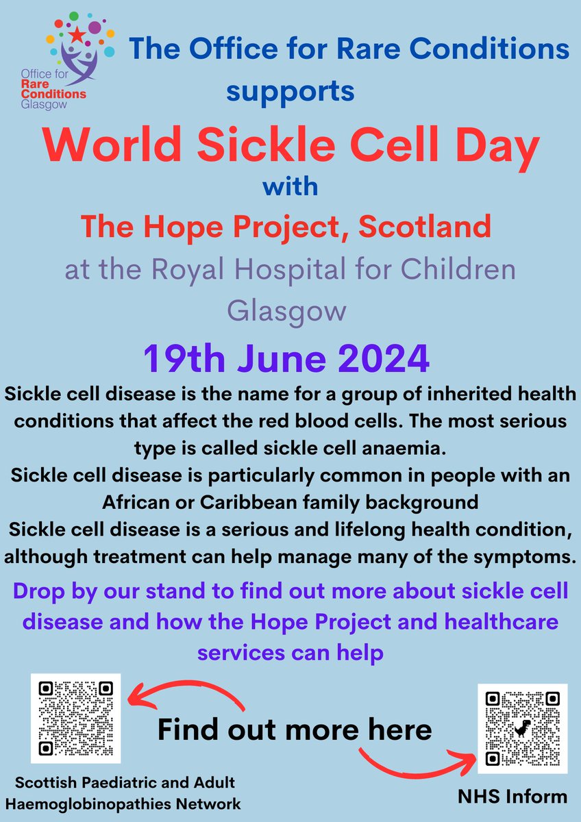 Did you know that each year around 270 babies are born in the UK with a condition known as sickle cell disease?
Drop by our stand in the Royal Hospital for Children, Glasgow to find out more about sickle cell and the support offered by The Hope Project.
Wednesday 19th June 10-2pm