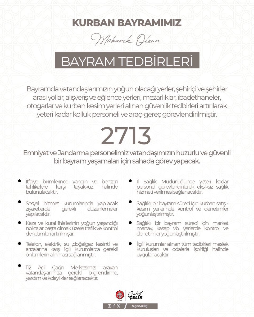 Sevgili Vatandaşlarımız,
9 günlük Kurban Bayramı tatili başlıyor.
 #KurbanBayramı'nın ilimizde huzur ve güven içinde idrak edilmesi için Valiliğimizce her türlü tedbir alınmıştır. 
📍9 günlük Kurban Bayramı tatili boyunca;
Emniyet Müdürlüğümüze bağlı 4️⃣3️⃣4️⃣ ekip, 1️⃣6️⃣7️⃣2️⃣