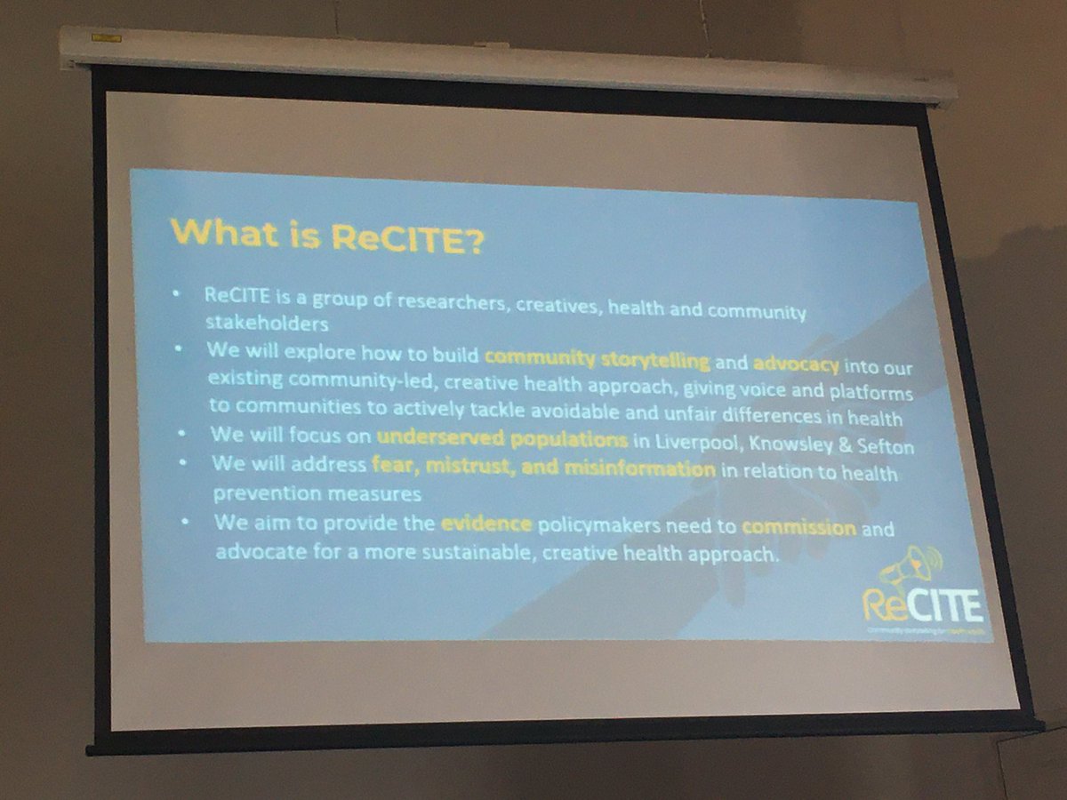 <a href="/MiriamTaegtmeye/">Miriam Taegtmeyer</a> introducing #ReCITE approach to tackling health inequities with communities, community based organisations and creatives by community based action and amplifying voices #MyReCITEStory <a href="/LSTMnews/">LSTM</a> <a href="/wowfest/">Writing on the Wall</a>
