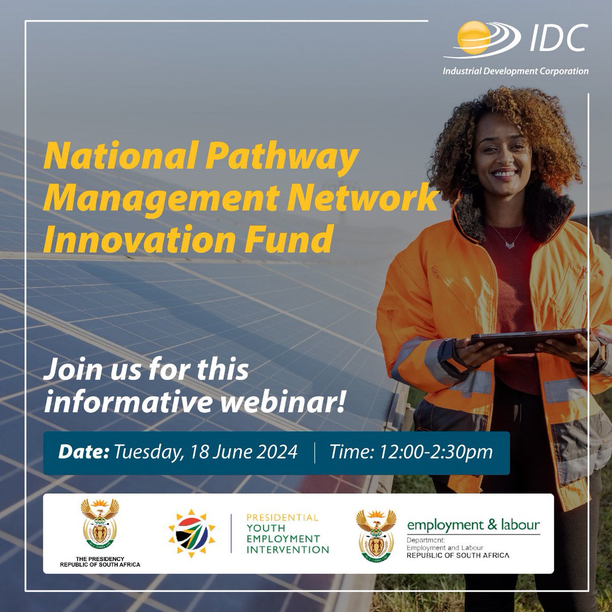 IDCSouthAfrica's tweet photo. Are you passionate about running initiatives that unlock new earning opportunities for young people?
Don't miss the last chance to join the National Pathway Management Network Innovation Fund webinar! Learn about the fund's objectives, application process, and get an opportunity to engage with the team.
Set your reminders for 18 June at 12:00.
Webinar link: https://t.co/PpKEJDikY8
#IDCFunding #InnovationFund #LearningToEarning