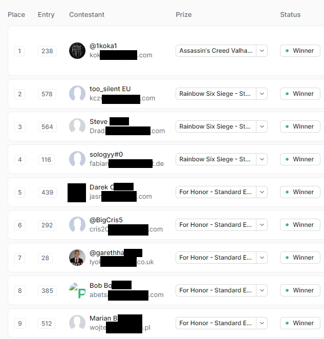 Hey peeps, we just auto-picked the winners and if you're on the list, make sure to check your spam folder. Obviously censored for privacy reasons, but I guess you can tell if you're on it. 

Congratulations to the winners and to everyone: have a nice weekend! 😎