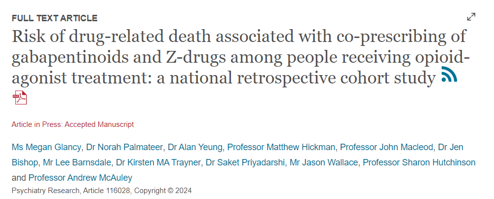 Andrew McAuley (@arjmcauley) on Twitter photo Our latest paper expertly led by @MeganGlancy_ looking at risk of drug-related associated with co-prescribing of gabapentinoids and z-drugs among those receiving opioid-agonist therapy is now in press in <a href="/PsychiatryResJ/">Psychiatry Research Journal</a> - brief THREAD on key findings... sciencedirect.com/science/articl… Our latest paper expertly led by @MeganGlancy_ looking at risk of drug-related associated with co-prescribing of gabapentinoids and z-drugs among those receiving opioid-agonist therapy is now in press in <a href="/PsychiatryResJ/">Psychiatry Research Journal</a> - brief THREAD on key findings... sciencedirect.com/science/articl…
