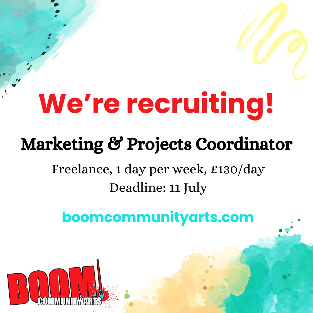 We're recruiting a Marketing &amp; Projects Coordinator to run our social media channels and coordinate logistics for our regular art workshops in North Glasgow.

Contract: Freelance, 1 day/7hrs per week
Fee: £130 per day
Deadline: 11 July

More info/apply: boomcommunityarts.com/blog/marketing…