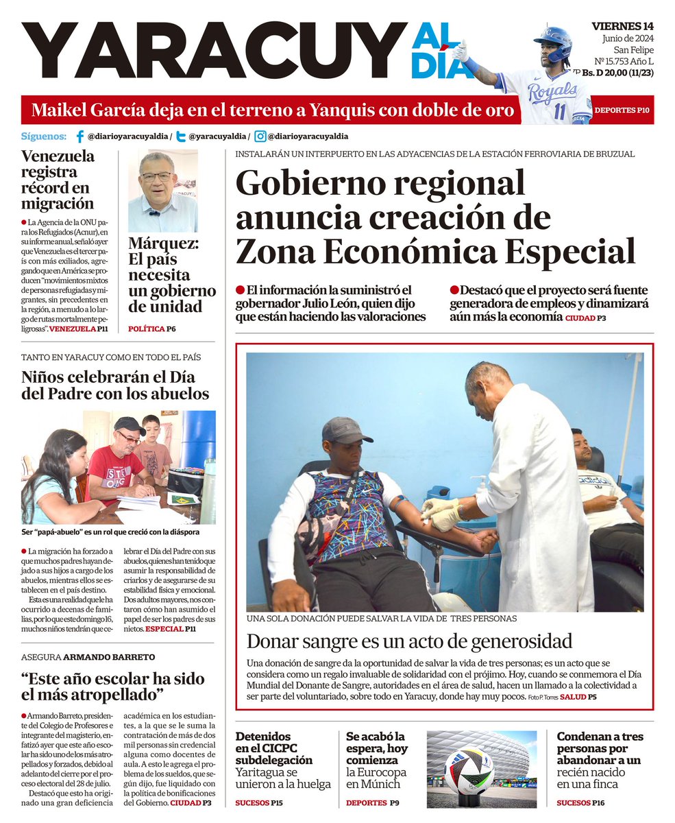 yaracuyaldia's tweet photo. 🗣️ ¡Feliz día para todos! 🗣️

🇻🇪Les ofrecemos nuestra #PrimeraPágina correspondiente a este #14Junio 🗞️💙🤍❤️

#Yaracuy #SanFelipe #Independencia #Cocorote #Nirgua #Aroa #Venezuela #Peña #Boraure #Yumare https://t.co/TCldyEEF7P