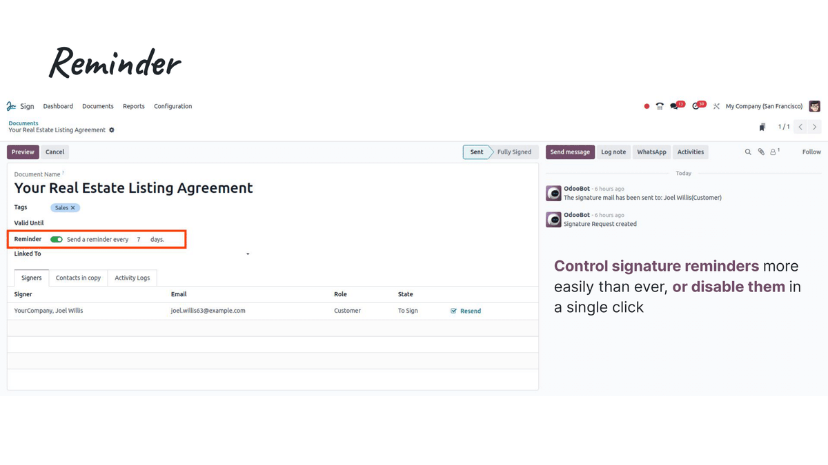 Odoo's tweet photo. #OdooRnDpeek #OdooSign gets even easier: request signatures on any doc, manage reminders, batch-send documents to sign... and more!

➡️Discover Odoo 18 at Odoo Experience 2024 https://t.co/A6IRE66Z0o     

#RoadtoOdoo18 https://t.co/bxXr3ep75i