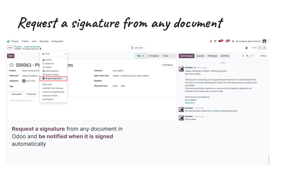 Odoo's tweet photo. #OdooRnDpeek #OdooSign gets even easier: request signatures on any doc, manage reminders, batch-send documents to sign... and more!

➡️Discover Odoo 18 at Odoo Experience 2024 https://t.co/A6IRE66Z0o     

#RoadtoOdoo18 https://t.co/bxXr3ep75i