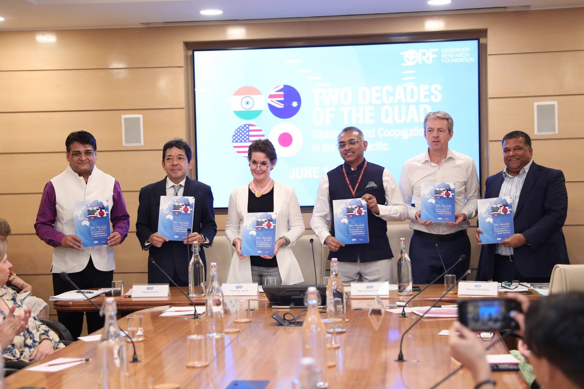 orfonline's tweet photo. #Photogallery | @orfonline today hosted a discussion and released a joint report by ORF and the @EastWestCenter titled "Two Decades of the #Quad: Diplomacy & Cooperation in the #IndoPacific" 

Read the report authored by @samirsaran, Harsh V. Pant, @viveksans, Lilah Connell, @AmyNamur, Robin McCoy, @aryandroz, & @SatuLimaye

📑https://t.co/nAidPiCHFL