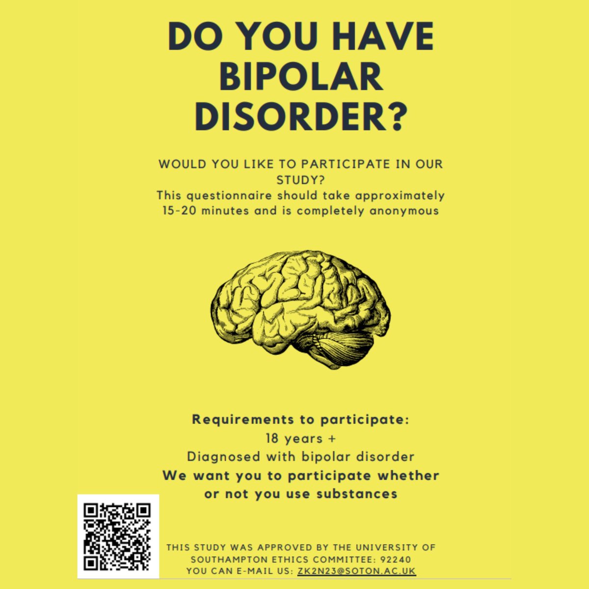 BipolarUK's tweet image. 📢 Do you have bipolar? Can you help with research? 📢

The investigates psychological links, such as self-esteem, self-compassion, impulsivity, and dysfunctional attitudes between bipolar disorder and substance use.

👉 Get involved &amp;gt;&amp;gt; lght.ly/j5jlp47